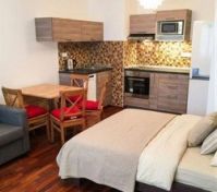 Studio with bed and kitchen