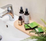 Bathroom sink with toiletries tray