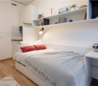 Apartman má: posteľ, pracovný stôl, stoličku, idukčnú dosku, mikrovlnku, chladničku s mrazničkou, sprchový kút