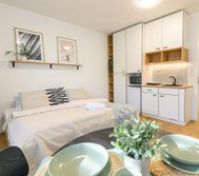 Studio with bed kitchen and dining