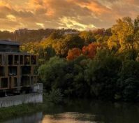 Stunning river sunset autumn view