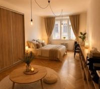 Cozy studio bedroom with herringbone floor