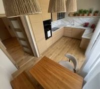 Modern wood kitchen overhead view