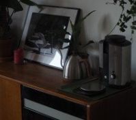Wilfa grinder, coffee scale, and an electric gooseneck kettle. 