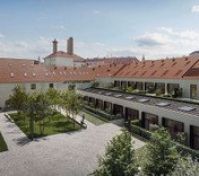 Aerial courtyard view of building complex