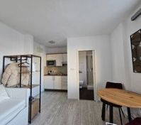 Studio overview with kitchen and bathroom
