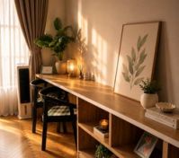 Wooden desk and shelving workspace